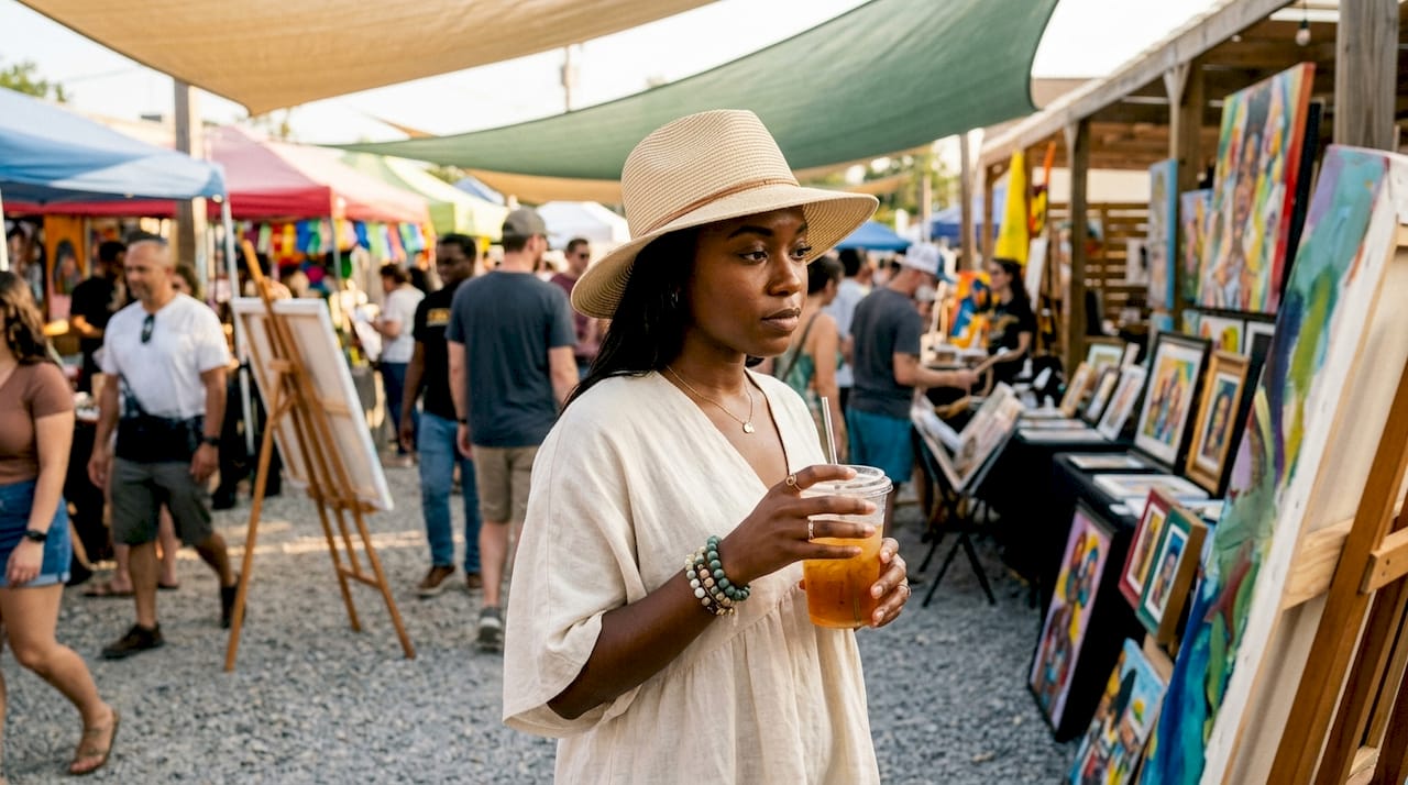 Woman attentively watching her drink outdoors